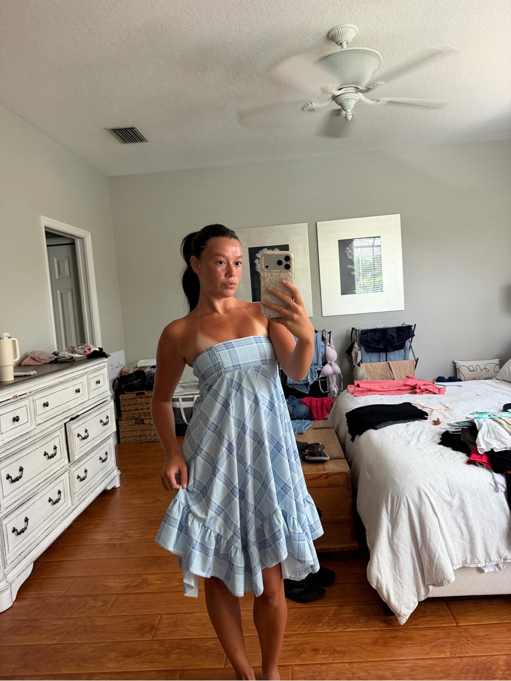 Vintage Strapless Light Blue Plaid Sundress/ Skirt